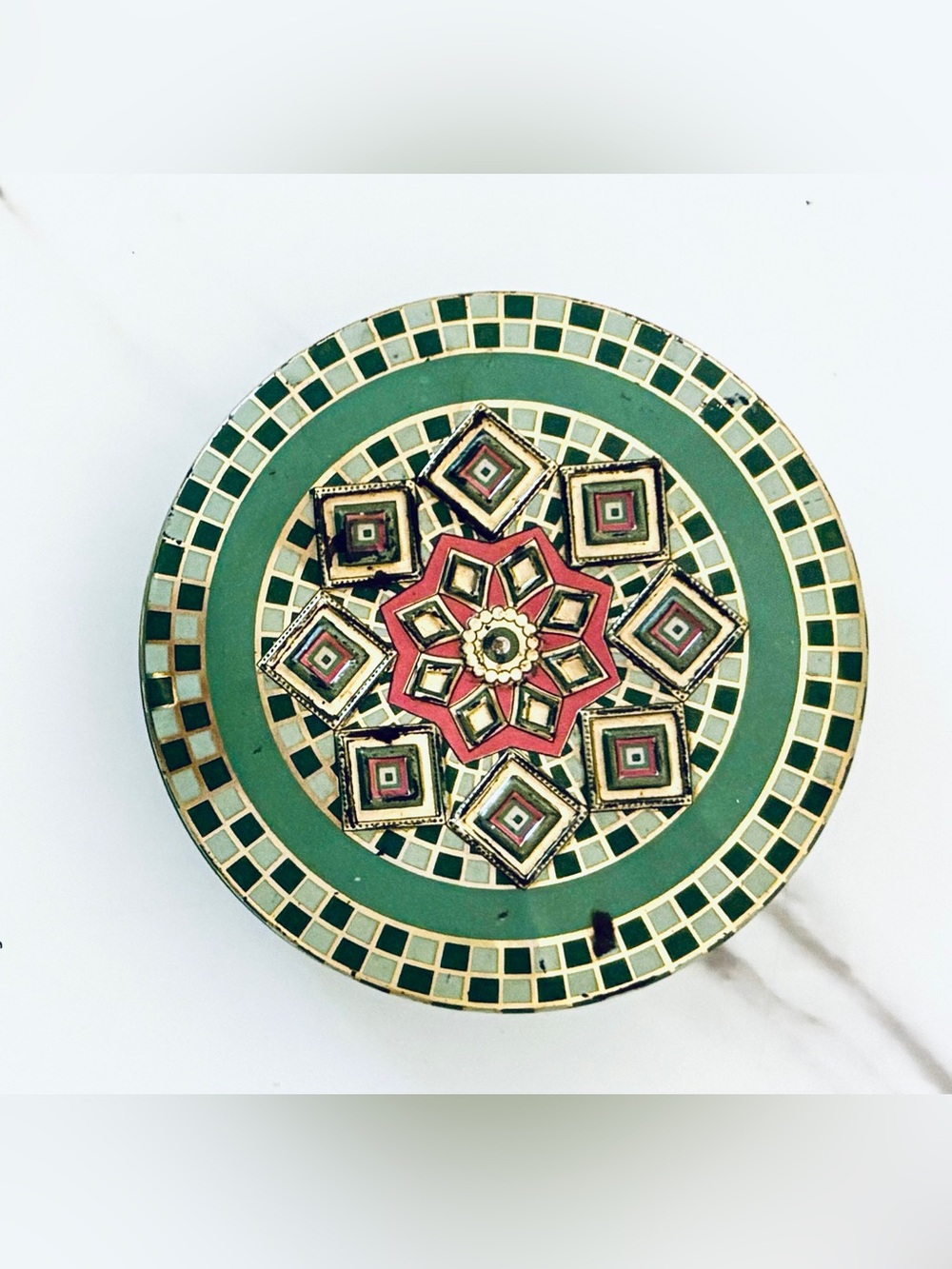 Vintage Baret Ware Tin Container Made in England 3" Mosaic Mandala Design